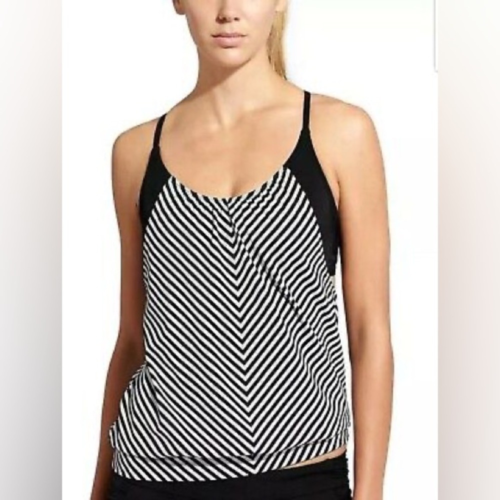 Athleta Slash Stripe Blousy Tankini Black-White Swim Top size 36 D/DD
